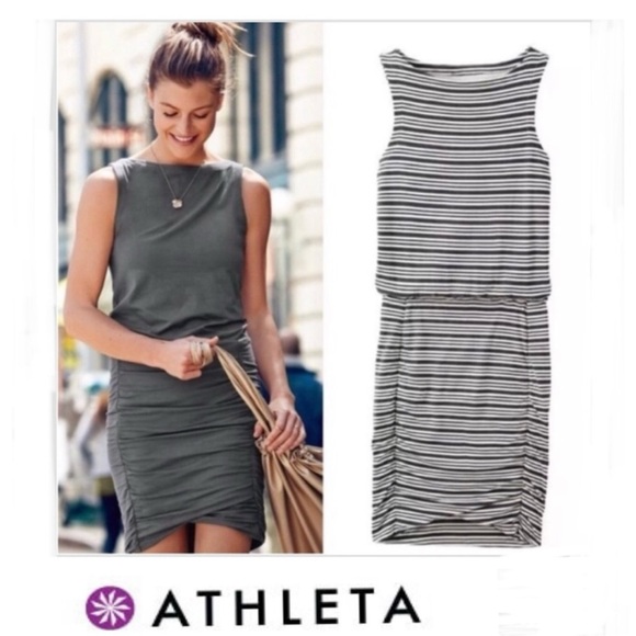 Athleta Dresses & Skirts - Athleta Tulip Sleeveless Black & Cream Stripe Ruched Dress Size Medium Petite MP